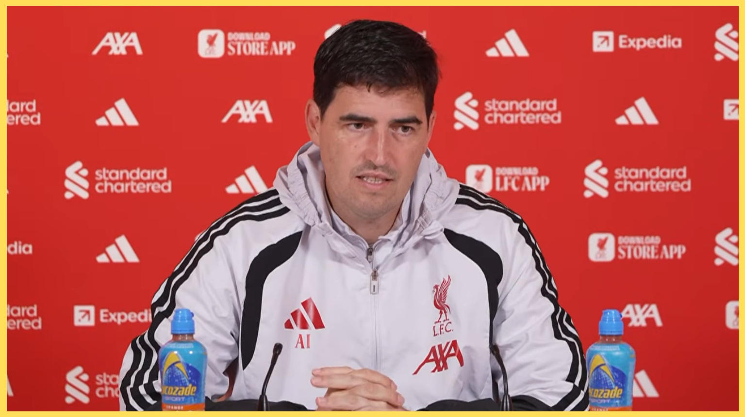 Andoni Iraola speaks to reporters at a press conference