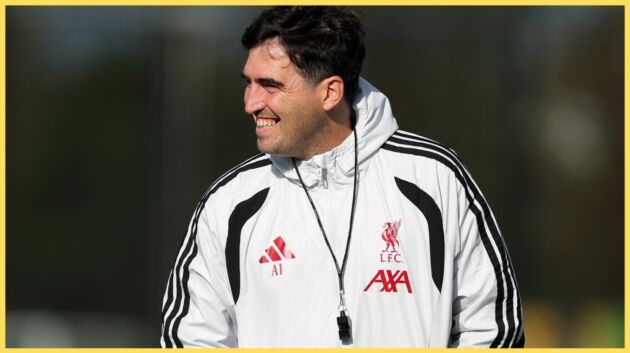 Andoni Iraola watches on during a Liverpool training session