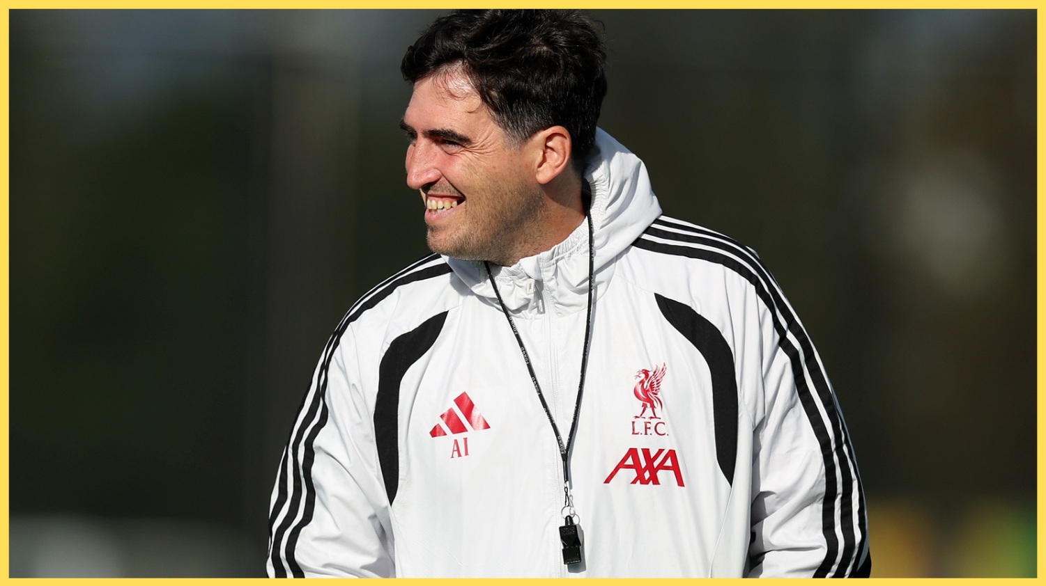 Andoni Iraola watches on during a Liverpool training session