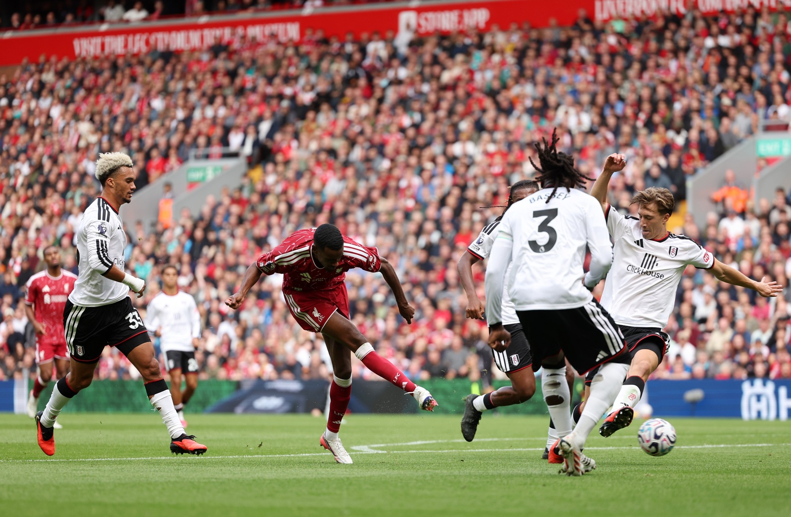Alexander Isak has a shot at goal against Fulham