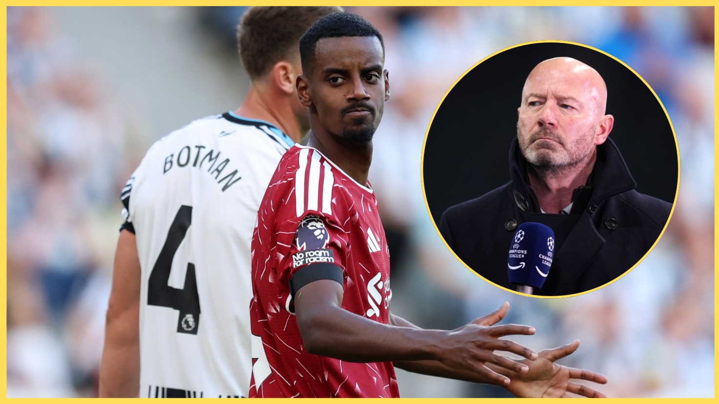Alexander Isak pictured on his return to St James' Park in August, with Alan Shearer inset