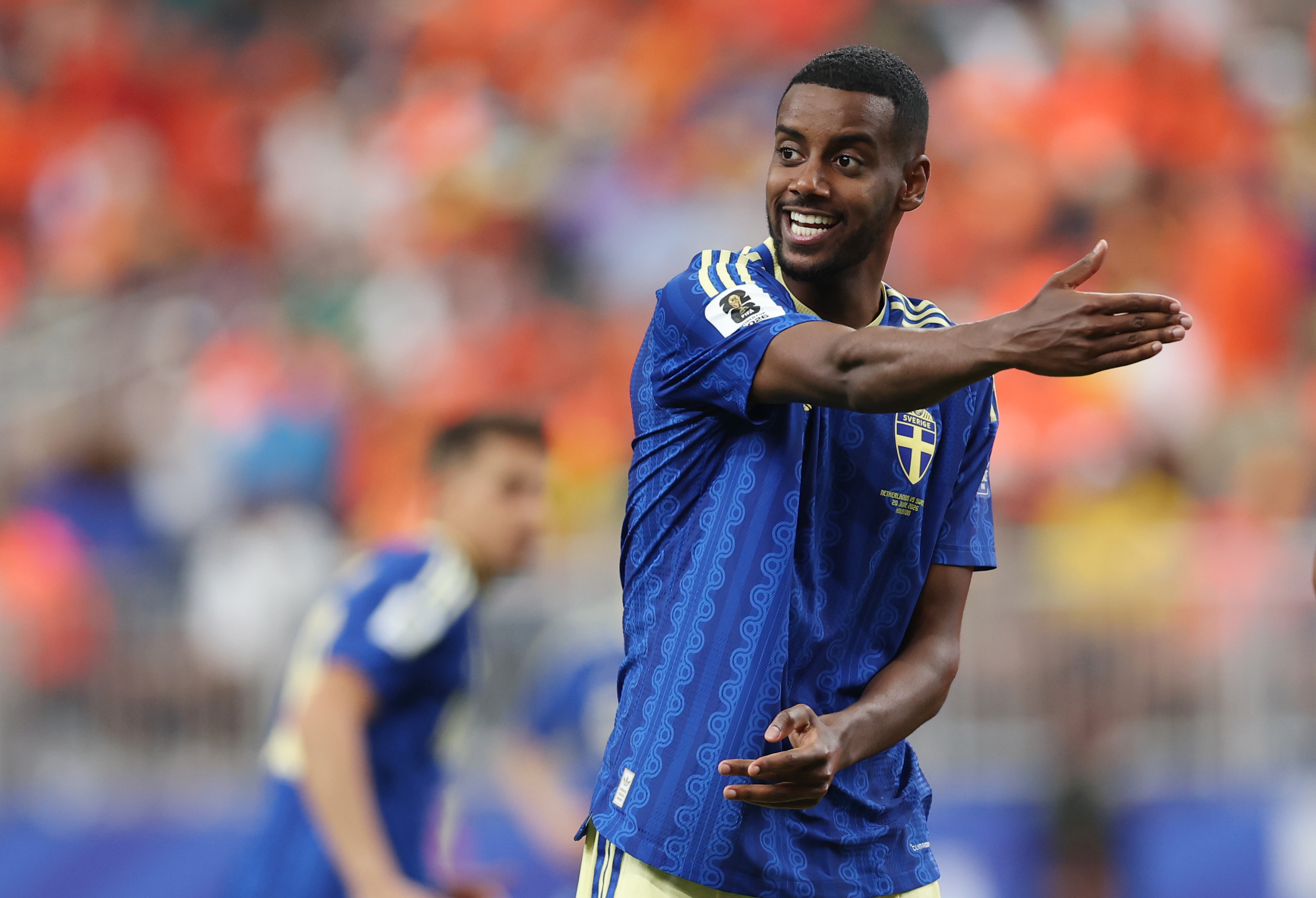 Alexander Isak gestures during a match for Sweden at the World Cup