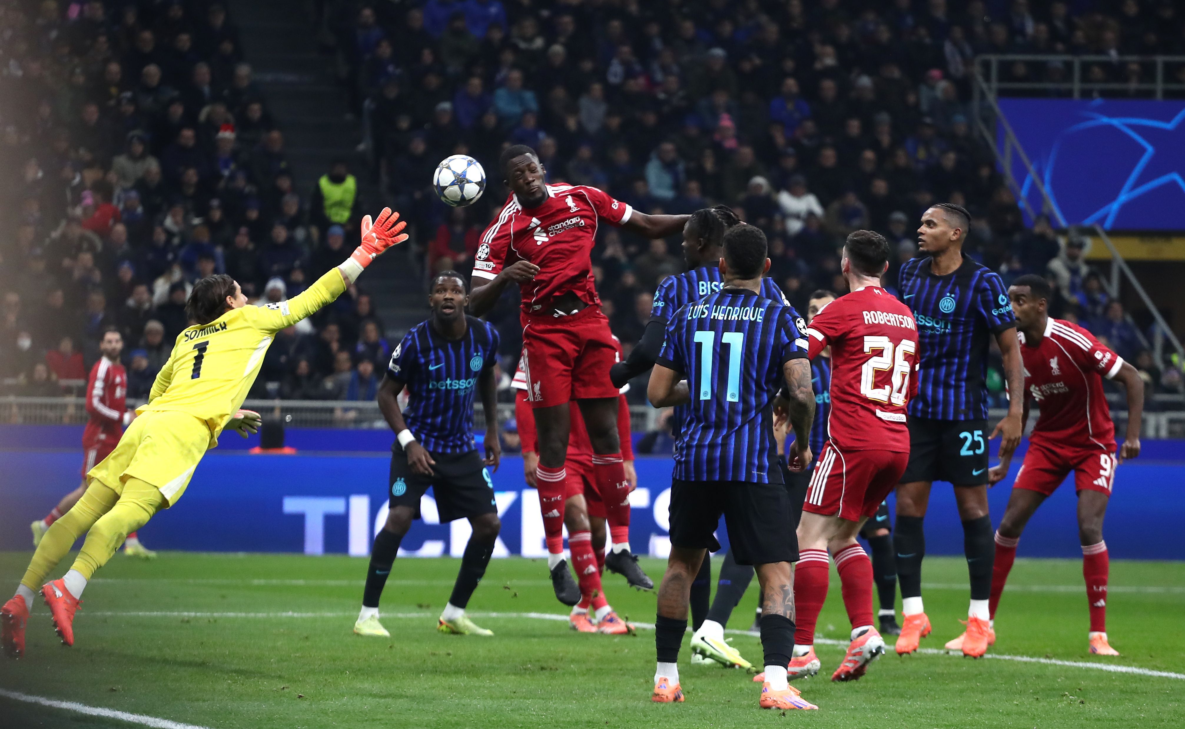 Ibrahima Konate has a headed goal disallowed in Liverpool's Champions League clash against Inter in December 2025