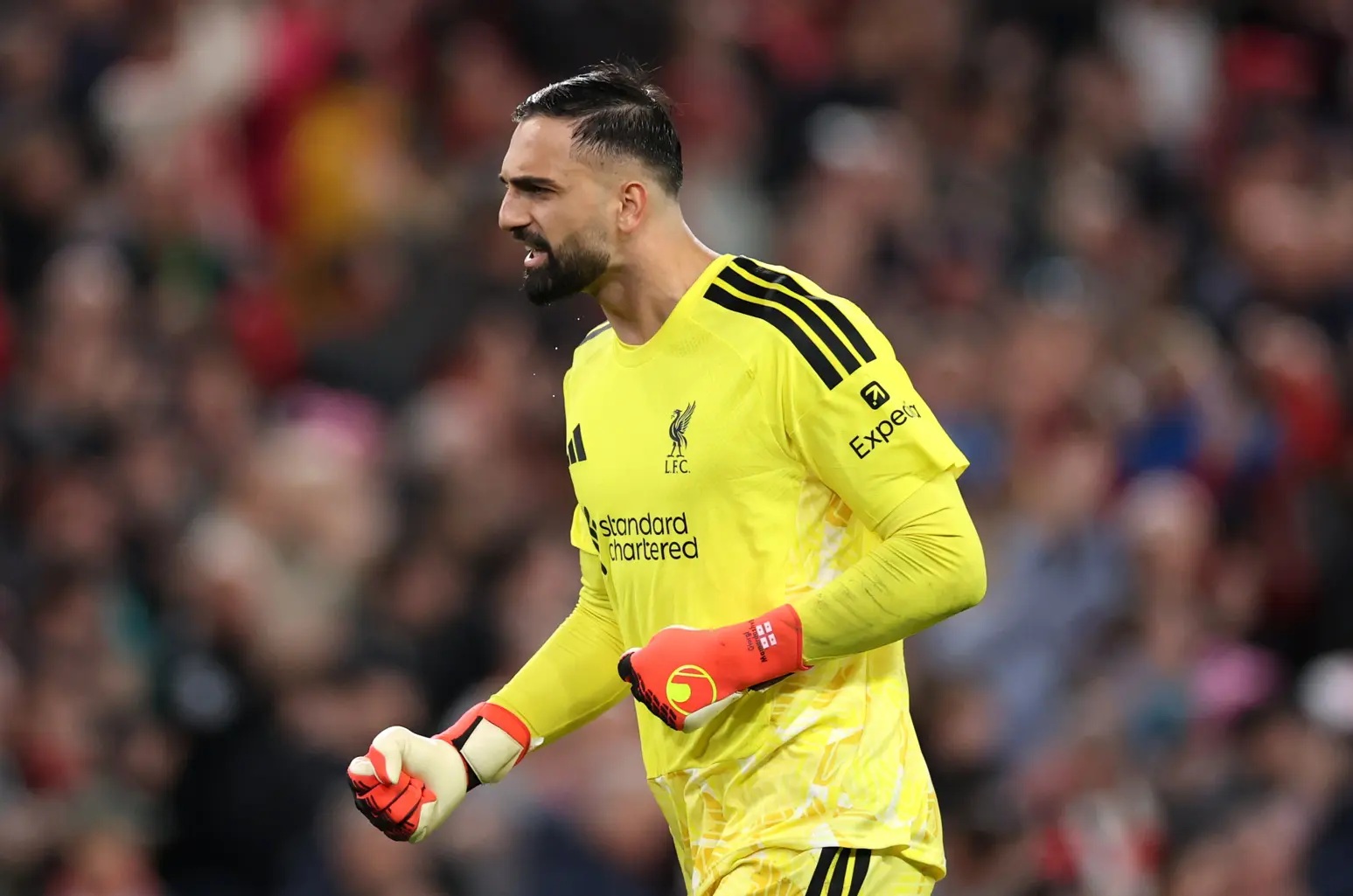 Giorgi Mamardashvili reacts to making a save for Liverpool