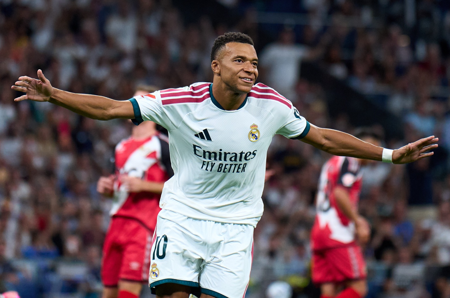 Kylian Mbappe celebrates scoring for Real Madrid