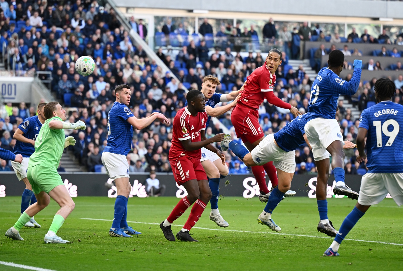 Virgil van Dijk scores a stoppage time winner against Everton in April