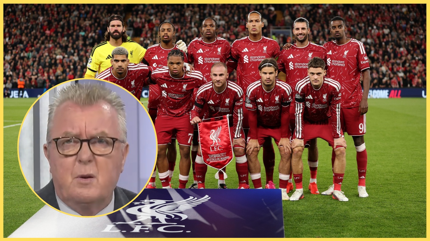 Liverpool players pose for a team photo, with Steve Nicol inset