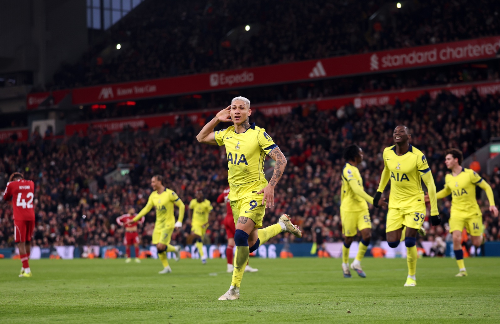 Richarlison celebrates his late equaliser for Spurs at Anfield last season