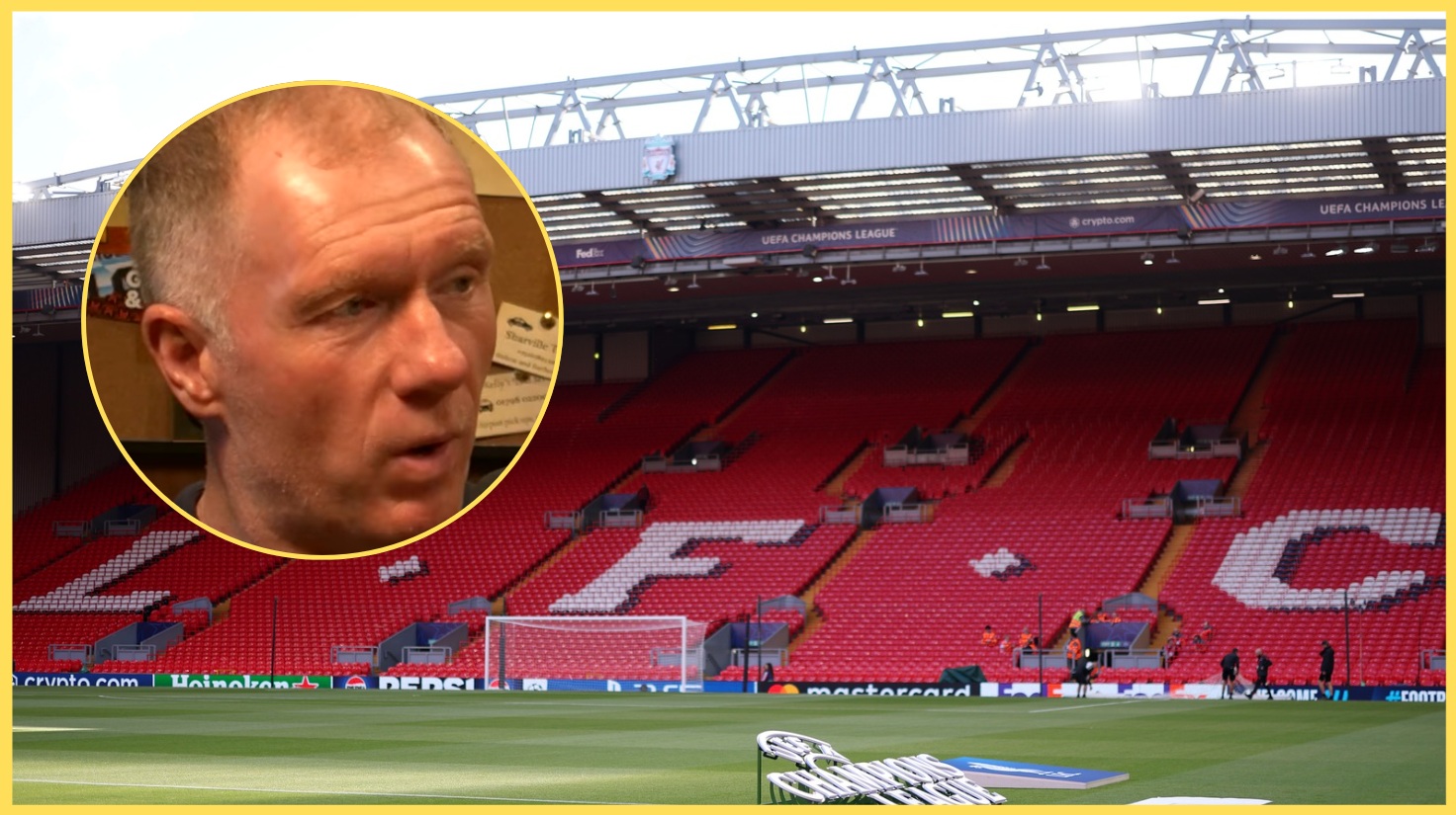 A photo of the Kop at Anfield, with Paul Scholes inset