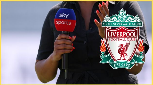 A reporter holds up a Sky Sports microphone, with the Liverpool crest in the foreground